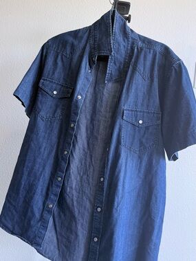 Men's western pearl snap Short-Sleeve Denim Shirt - Blue